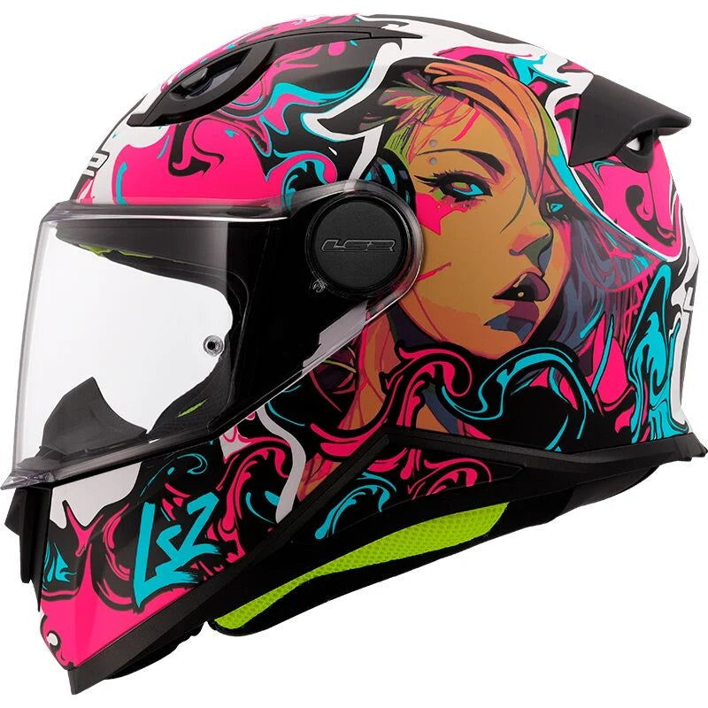 LS2 full-face motorcycle helmet with pink and turquoise graphics