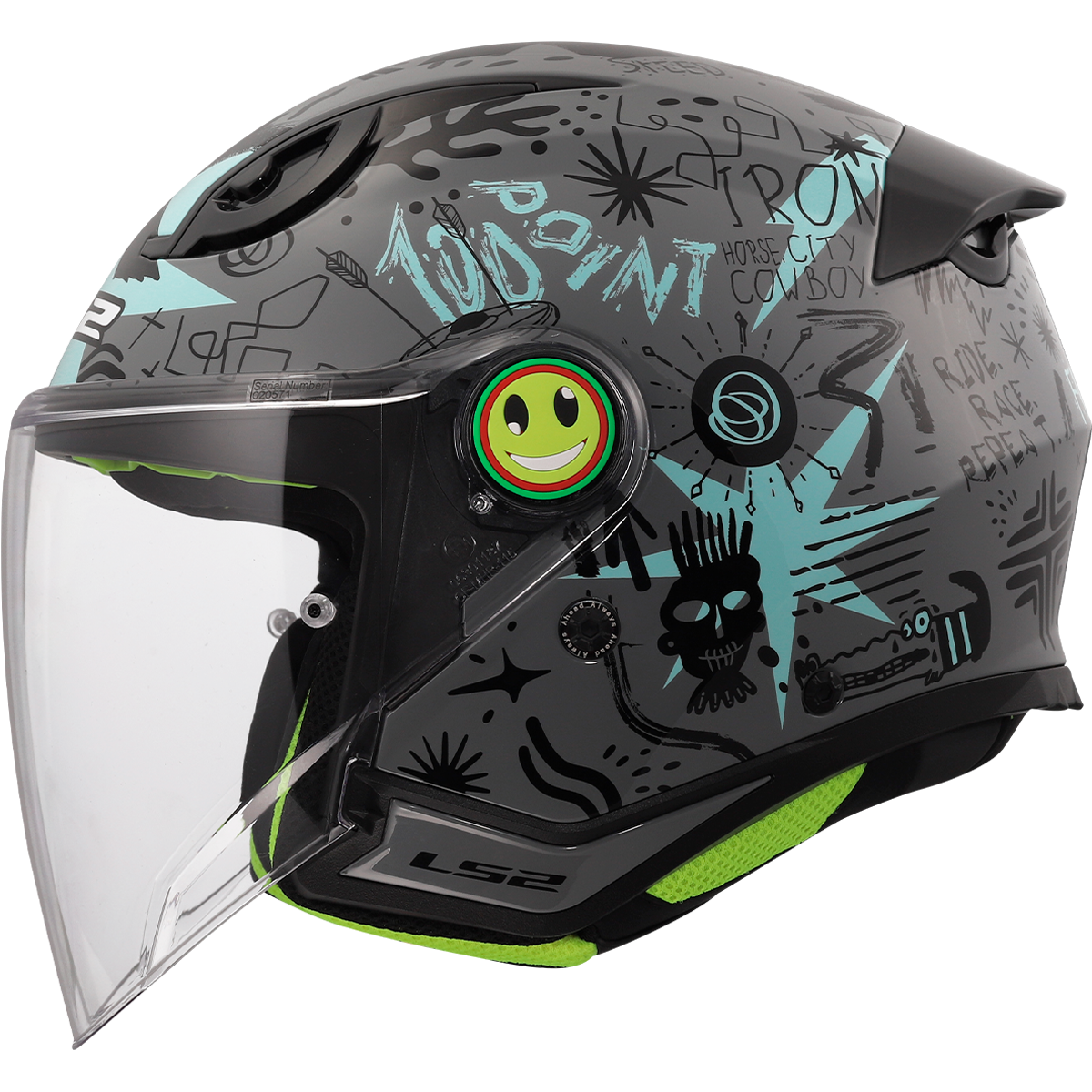 LS2 Funny II OF622 Junior Open Face Helmet — Scribble Grey Blue Gloss