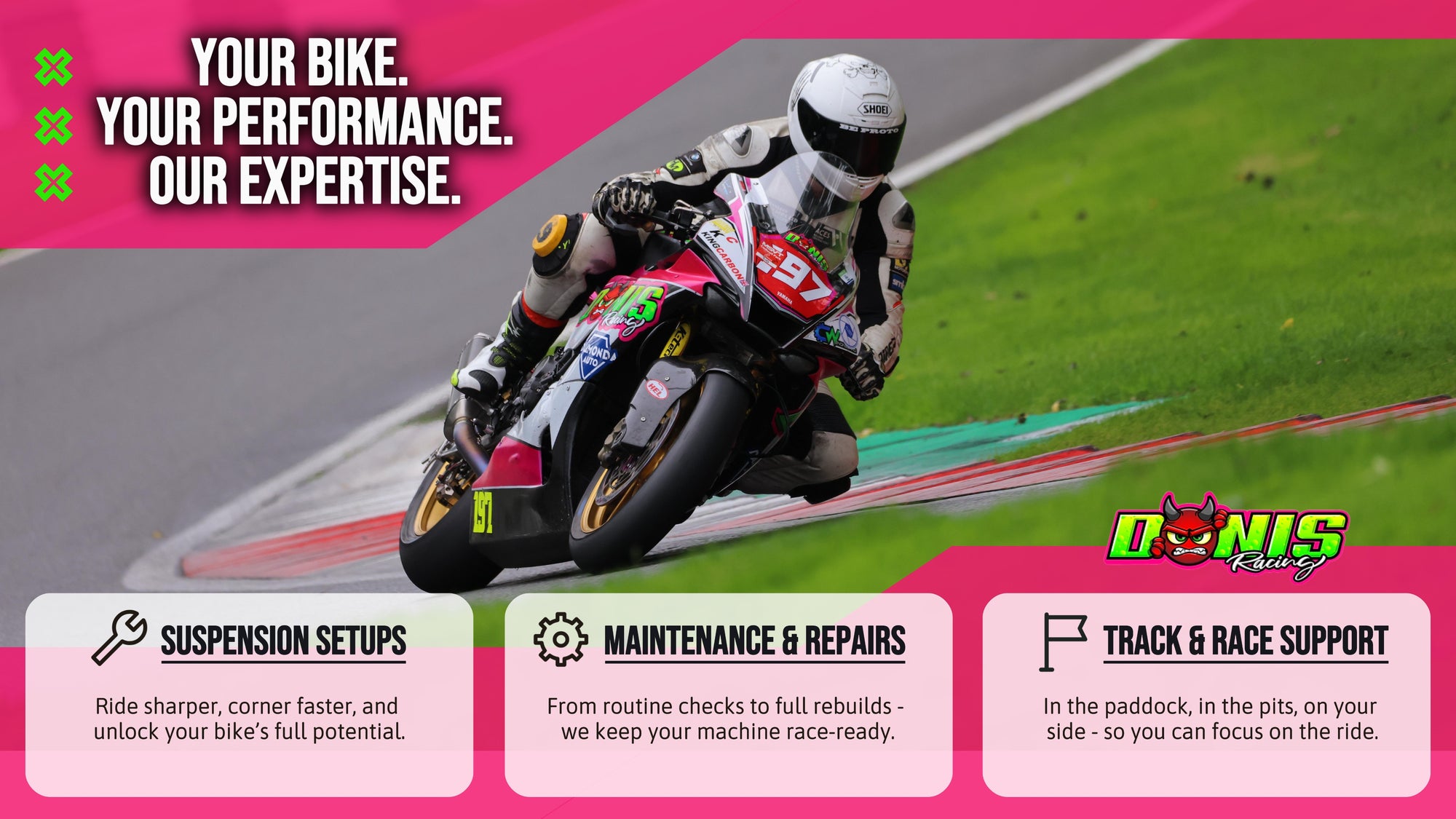 Original DonisRacing banner: motorcycle, rider, sponsor lettering and DonisRacing logo